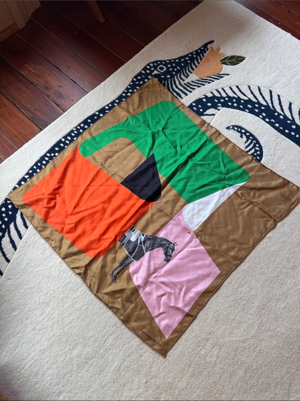 Hermes Colorblock Silk Scarf with Horse Motif